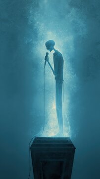 A tall, skeletal figure stands over a coffin, holding a microphone. Ethereal blue light surrounds it, creating a haunting atmosphere of music and emotion