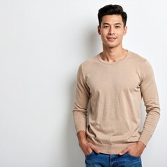 Fototapeta premium A handsome man with hands in pockets posing for photo with cheerful face