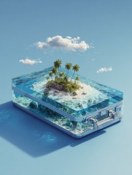 A clear suitcase filled with a miniature tropical island, complete with palm trees and water, set against a blue sky with clouds