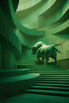 A large, sculptural bull ascends a series of green, geometric stairs surrounded by textured walls, creating a sense of movement and depth in a minimalistic environment