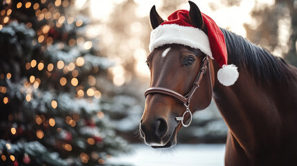 Obraz premium Horse in Christmas Santa hat on snowy background. Year of the Horse. Banner. Copy space