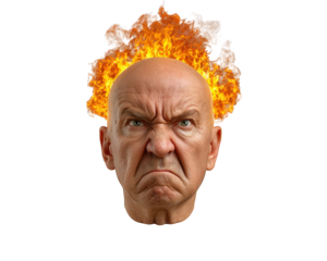 Bald angry man face with intense expression fire burning on head isolated on transparency background concept of rage frustration emotion surreal digital art