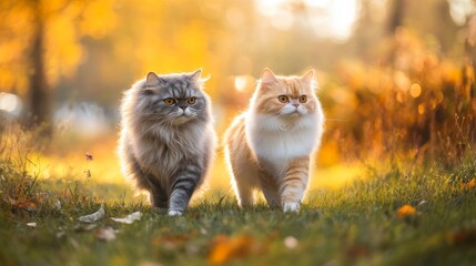 Two Persian cats prefer to explore the yard carefully and play quietly.