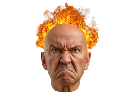Bald angry man face with intense expression fire burning on head isolated on transparency background concept of rage frustration emotion surreal digital art