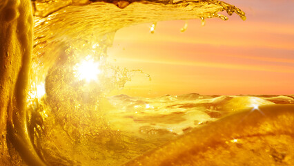 Golden beer splash wave glowing under sunset sky. Concept of beverage advertising, freshness, celebration, branding, lifestyle, thirst, luxury, and summer enjoyment.
