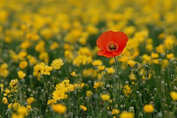 Obraz premium A single red poppy standing tall amidst a field of yellow flowers in natural light setting outdoors