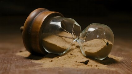 A broken hourglass lies on its side, spilling sand onto a wooden surface.