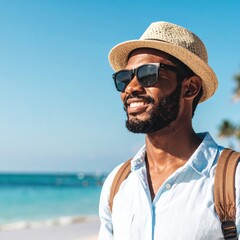 A cheerful man enjoys a sunny day at the beach, wearing a hat and sunglasses