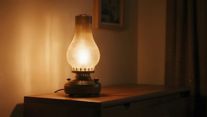 Vintage Oil Lamp Emitting Warm Light on a Wooden Table