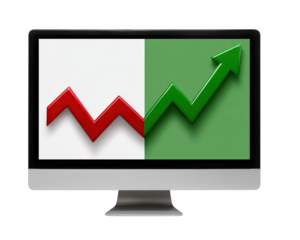 Red and green stock graph icon on computer screen upward arrow financial growth business analytics digital display success investment market trend isolated background