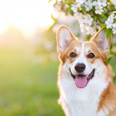 a cute corgi dog with a bright smile in a flower garden, the perfect illustration of joy and happiness