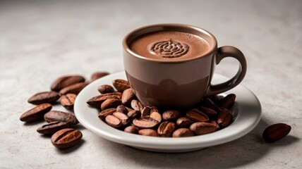 Fototapeta premium Rich Hot Chocolate with an Embossed Rose Design, Served with Cacao Beans on a Saucer.