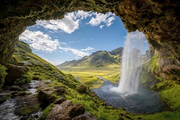 Cave Opening To Waterfall In Valley Landscape