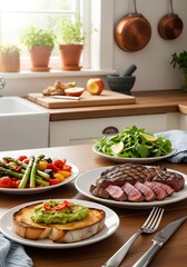 Savor a gourmet home-cooked meal grilled steak, roasted vegetables, fresh salad, and avocado toast, a delightful and wholesome culinary experience.