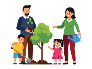 Family Planting Tree: A loving family comes together to plant a tree, symbolizing growth, nurturing, and the beauty of nature in a heartwarming illustration of environmental responsibility.