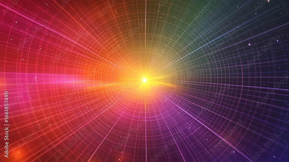 Aufkleber abstract rainbow tunnel with glowing light at the end and grid lines perspective background design