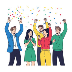 Joyful Team Celebrating: A lively team of individuals rejoices in the atmosphere of celebration, raising their hands in a vibrant display of joy and achievement with colorful confetti in the air.