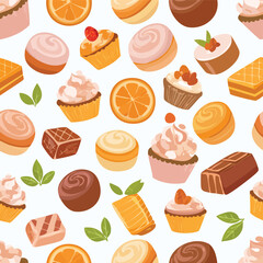 Seamless pattern of assorted sweet pastries and citrus slices sweets cupcakes