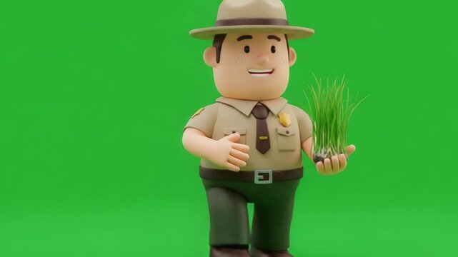 A Park Ranger or Officer Walking on a Green Screen in Uniform