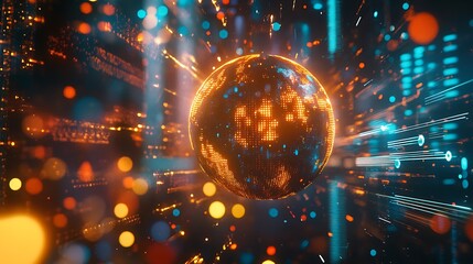 Glowing digital sphere with orange and blue lights and data streams in a dark environment