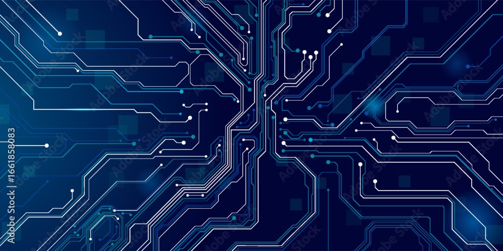 Poster ai innovation futuristic concept. technology blue background. on power blue button, and circuit boar