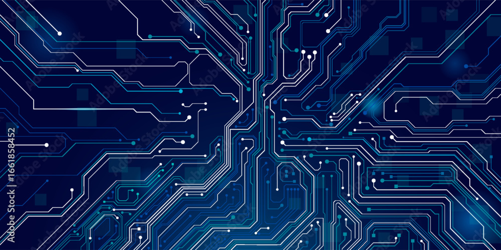 Poster ai innovation futuristic concept. technology blue background. on power blue button, and circuit boar