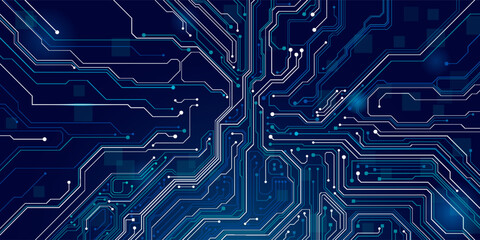 AI innovation futuristic concept. Technology blue background. ON Power blue button, and circuit board. Artificial intelligence and Machine Learning cover. For web and presentation bg.