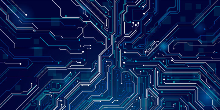 AI innovation futuristic concept. Technology blue background. ON Power blue button, and circuit board. Artificial intelligence and Machine Learning cover. For web and presentation bg.