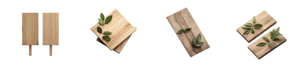 Wooden cutting boards with green leaves various shapes side by side set on display