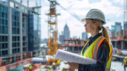 Obraz premium Engineer holding a blueprint at a construction site with cranes and city background - construction worker on the construction site