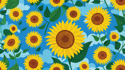 Bright yellow sunflowers and green leaves on a blue sky background vector