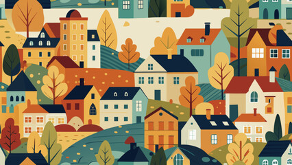 Obraz premium Vector illustration of a charming autumn city landscape with colorful houses and trees