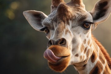 Naklejka premium Giraffe licking its lips in the wild african savannah animal photography natural habitat close-up perspective