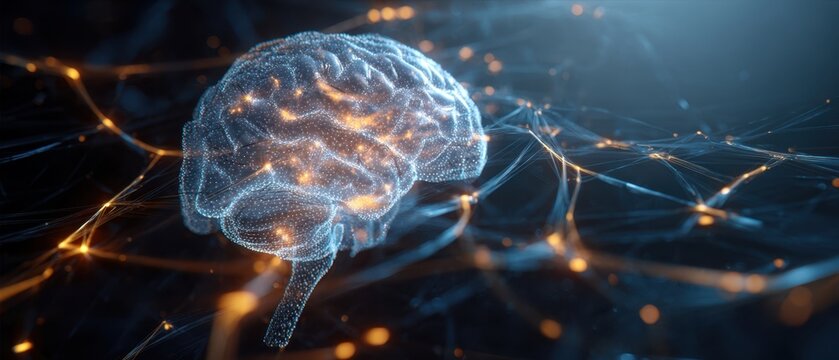 The digital brain illuminated by neural connections in a futuristic setting.