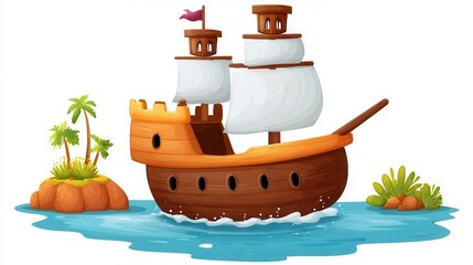 Cartoon pirate ship sailing tropical island