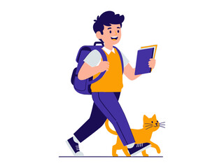 Student's Joyful Journey: A vibrant illustration depicts a young student striding confidently, book in hand, a loyal cat companion trotting alongside, conveying the spirit of learning and friendship.