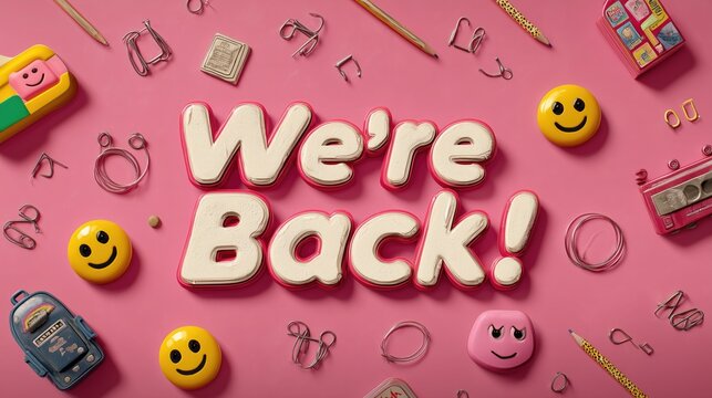 Playful back - to - school scene featuring 3D “We're Back!” text, surrounded by retro stationery, smiley badges, and colorful office supplies on a pink background, celebrating the return to school wit