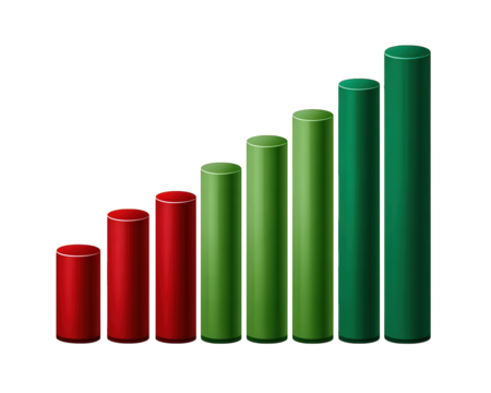 3D bar chart with red and green columns, straight side view, representing financial growth, business data, or stock market performance, isolated on transparency background