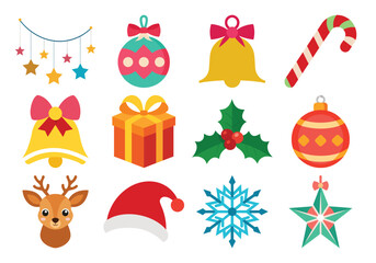 Festive Christmas Icon Set with Ornaments Decorations and Holiday Elements for Design