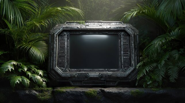 Metallic display embedded in jungle environment technology concept art
