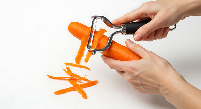 Close-up of hands peeling a fresh, vibrant orange carrot with a metal peeler on a clean white background. Concept of healthy eating, cooking, and food preparation.
