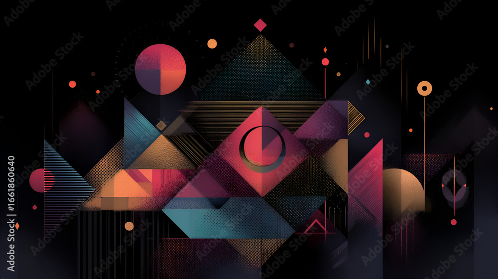 Poster Geometric shapes triangles circles and lines on a dark background with warm and cool tones