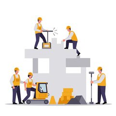 Dedicated construction workers in hard hats and safety vests collaborate diligently, building a new structure and showcasing teamwork on a busy site.