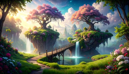 Fototapeta premium Enchanting Floating Islands with Lush Flora and Waterfall Bridge