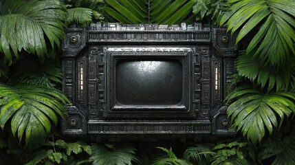 Retro futuristic tv embedded in tropical plants