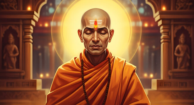 Hindu monk meditating in temple with spiritual aura