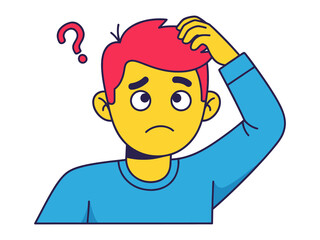Contemplative Query: An individual, marked by expressive illustration, grapples with confusion, symbolized by a query mark and a look of bewilderment.