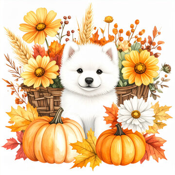 Cute baby samoyed dog with pumpkins and autumn flowers watercolor illustration