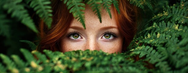 The enchanting gaze of a young woman framed by lush green ferns.