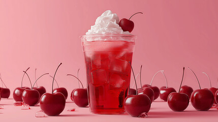 A red soda drink with ice cubes in a clear takout cup with whipped cream and a cherry on top, Surrounded by red cherry, against pastel pink on background